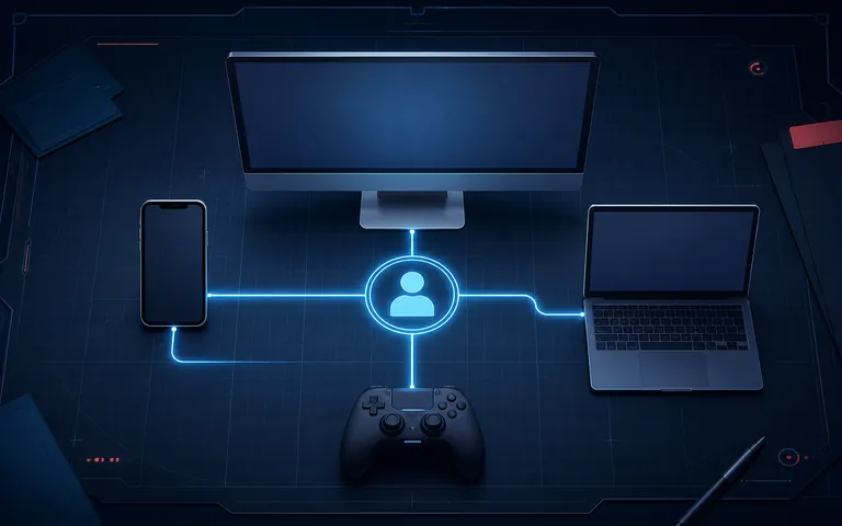 Desktop, Smartphone, Laptop und Controller an einem Kontopfad