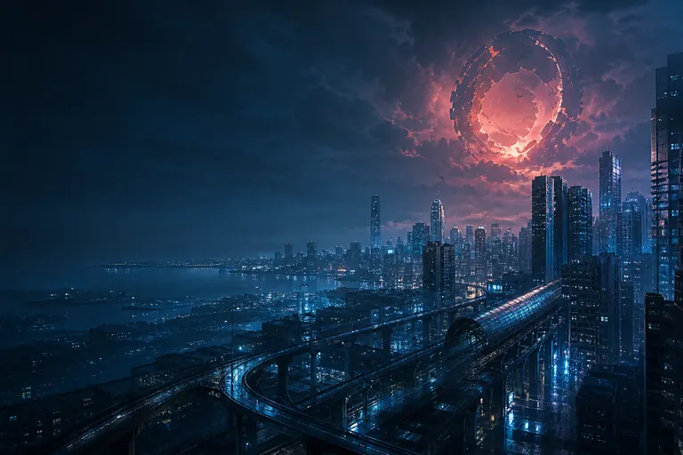 Rain-soaked modern Hethereau skyline beneath a ring anomaly